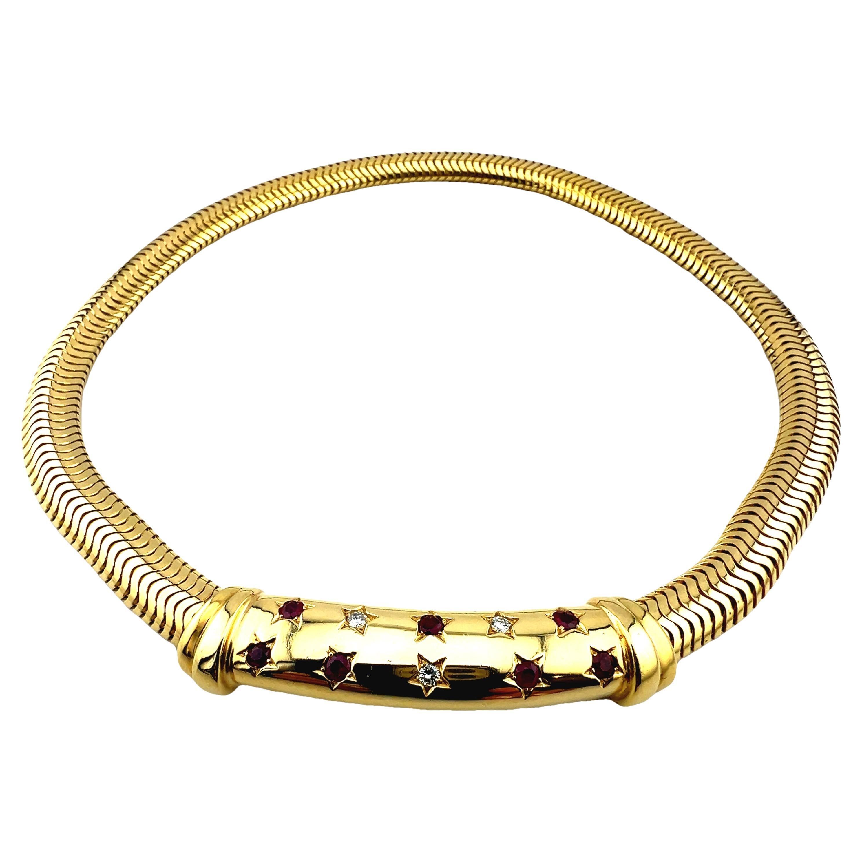 Retro 14K Gold Tubogas Necklace with Star-Set Rubies & Diamonds, Circa 1940