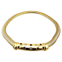Retro 14K Gold Tubogas Necklace with Star-Set Rubies & Diamonds, Circa 1940