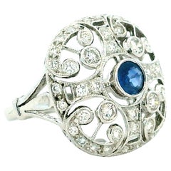 Antique-Style 14K White Gold Sapphire & Diamond Filigree Ring