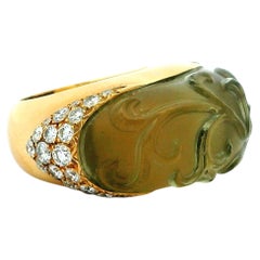 French Carved Jade Diamond 18K Gold Sculptural Cocktail Ring, Circa 1990