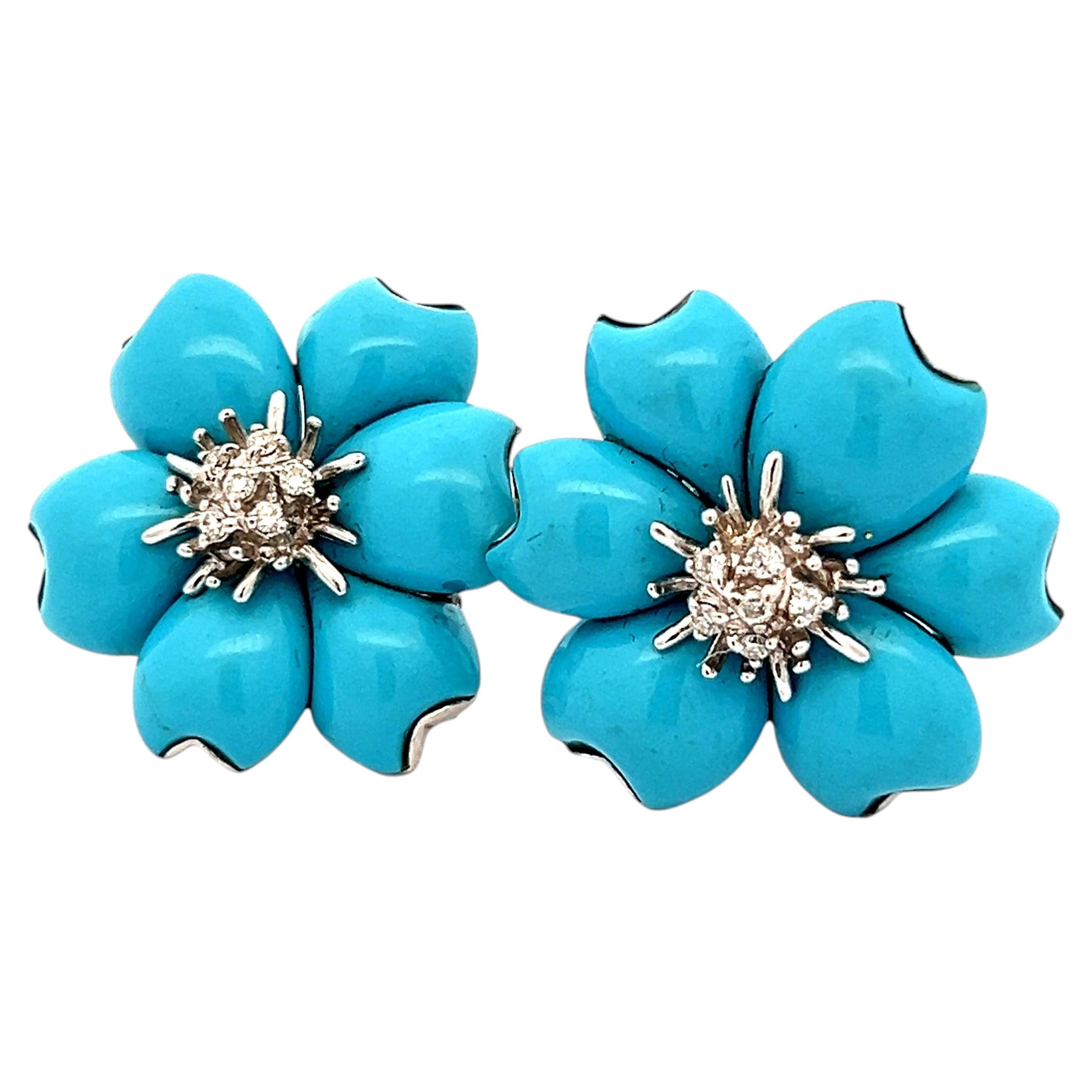 Boucles d'oreilles italiennes des années 1980 environ, en or blanc 18 carats, ornées de turquoise persane et de diamants, motif floral