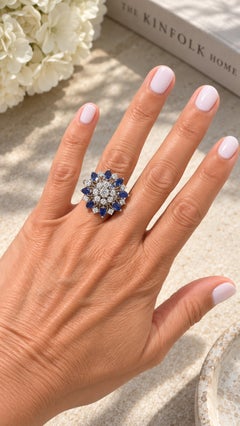 Mid-Century Marquise Sapphire and Diamond Cocktail Ring in 18K White Gold