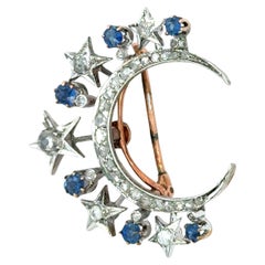 Victorian Diamond & Sapphire Crescent Moon Brooch in 18K Gold and Platinum