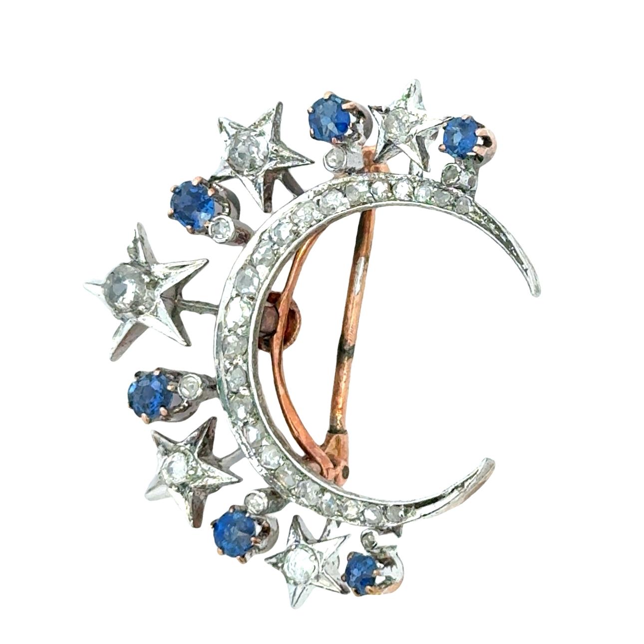 Women's or Men's Victorian Diamond & Sapphire Crescent Moon Brooch in 18K Gold and Platinum For Sale