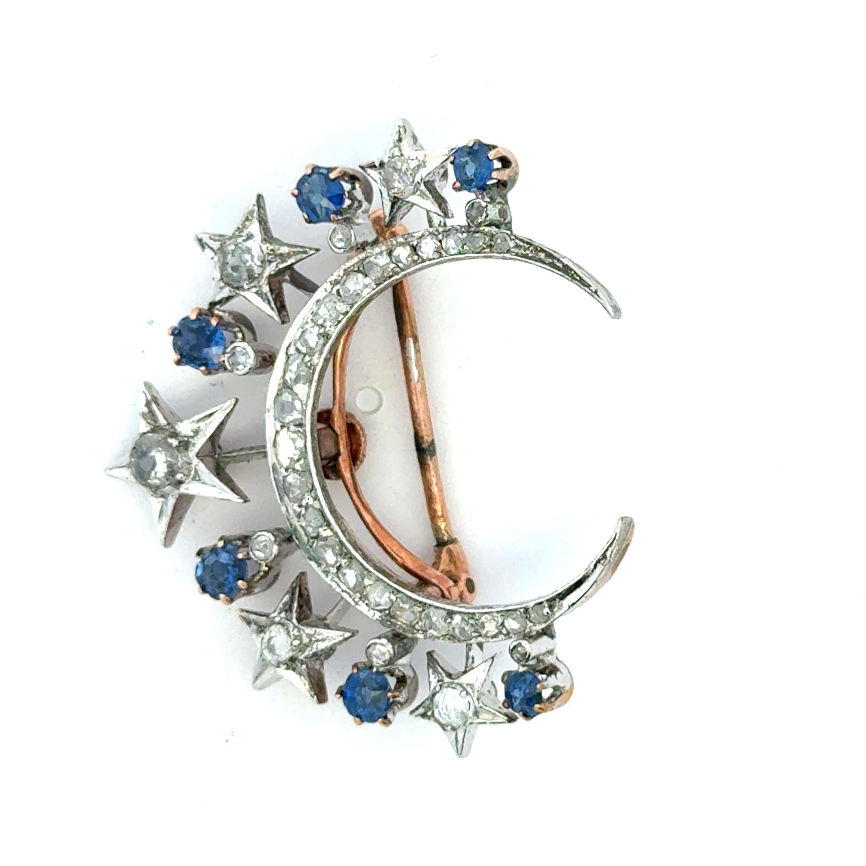 Victorian Diamond & Sapphire Crescent Moon Brooch in 18K Gold and Platinum In Excellent Condition For Sale In Miami, FL