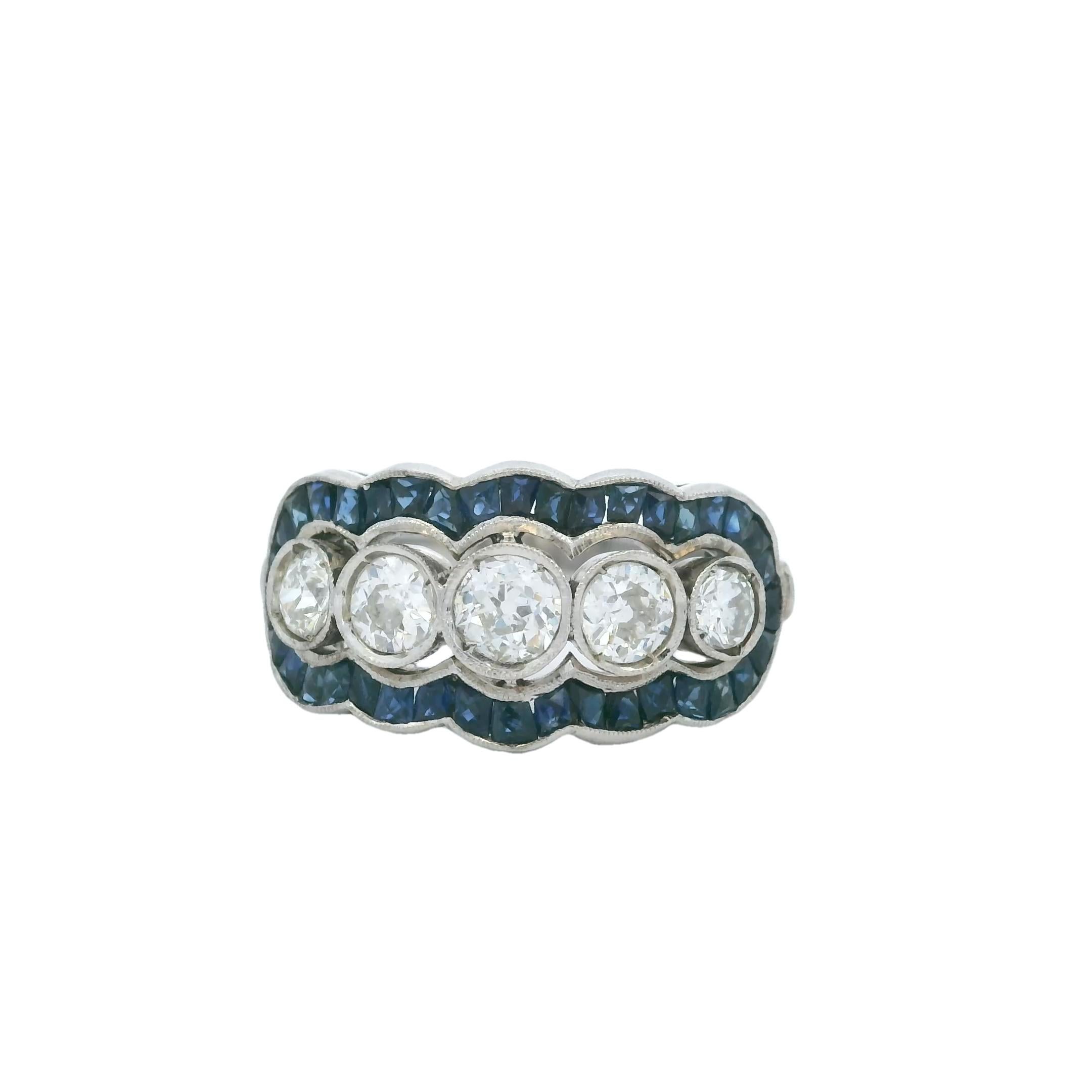 Geformter Platinring mit fünf Steinen, Diamant und Saphir, G/H VS1, 1,20 Karat Saphir im Angebot 1