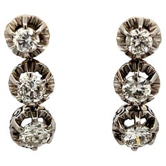 Vintage Victorian Platinum Three-Stone Diamond Drop Earrings, 1.3 Carats