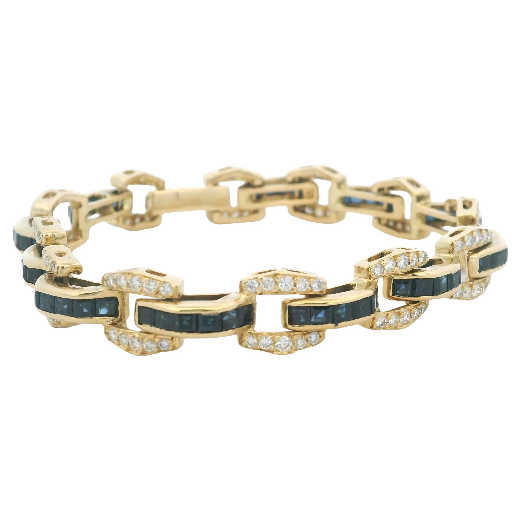 Bracelet vintage en or 18K avec saphirs sertis et diamants pavés, années 1980