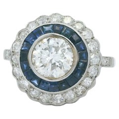 Art Deco  Platinum Sapphire and Diamond Halo Engagement Ring, 2.30 Carat