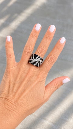 1980s Bold Swirl Diamond & Black Enamel Cocktail Ring in 18K White Gold