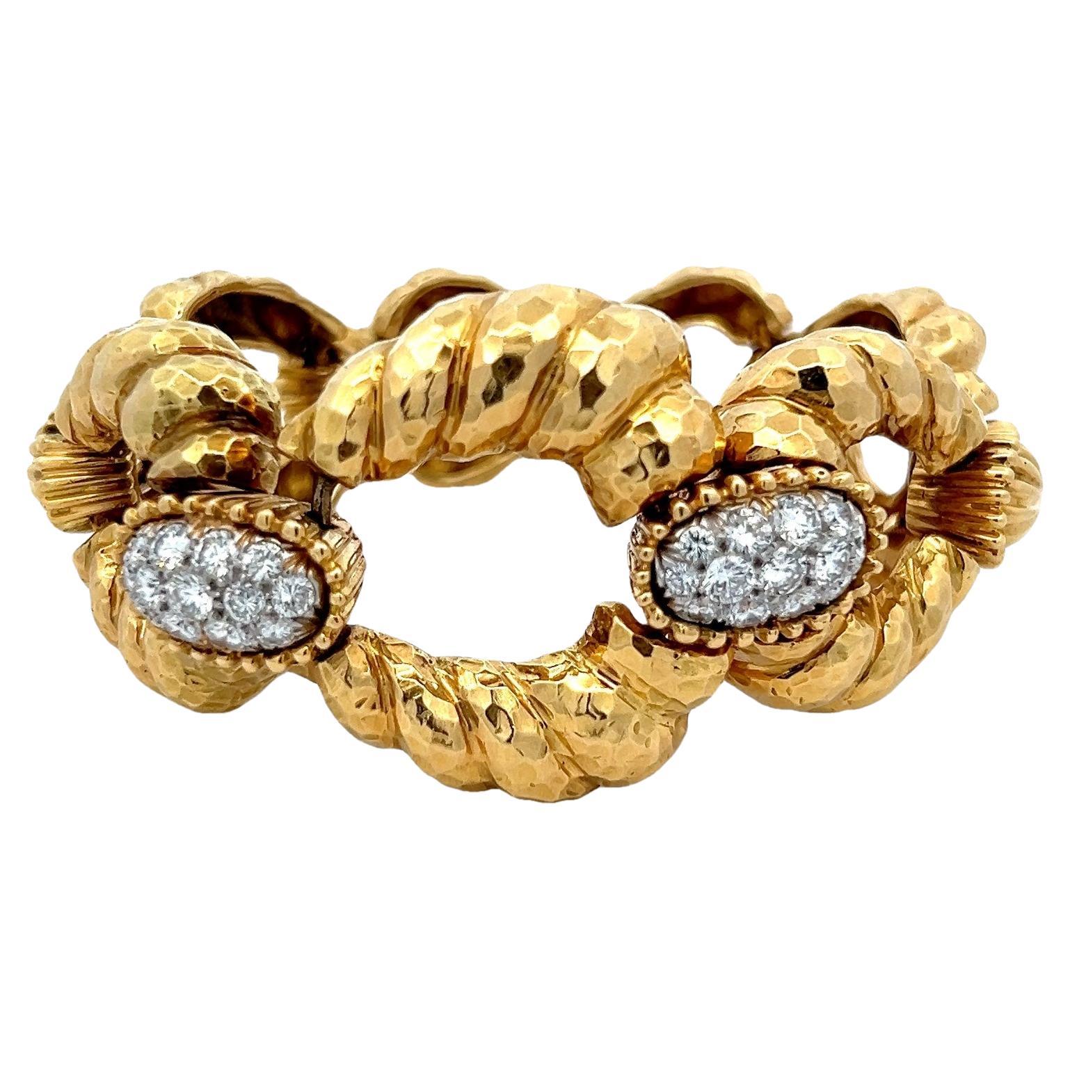 David Webb Pulsera de eslabones de oro martillado de 18 quilates con pavé de diamantes, 101,77 Gra