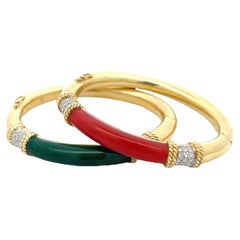 Estate Pair of 18K Yellow Gold Coral, Green Onyx & Diamond Bangle Bracelets