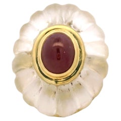 18K Yellow Gold Fluted Rock Crystal Dome Ring with Ruby Cabochon Center