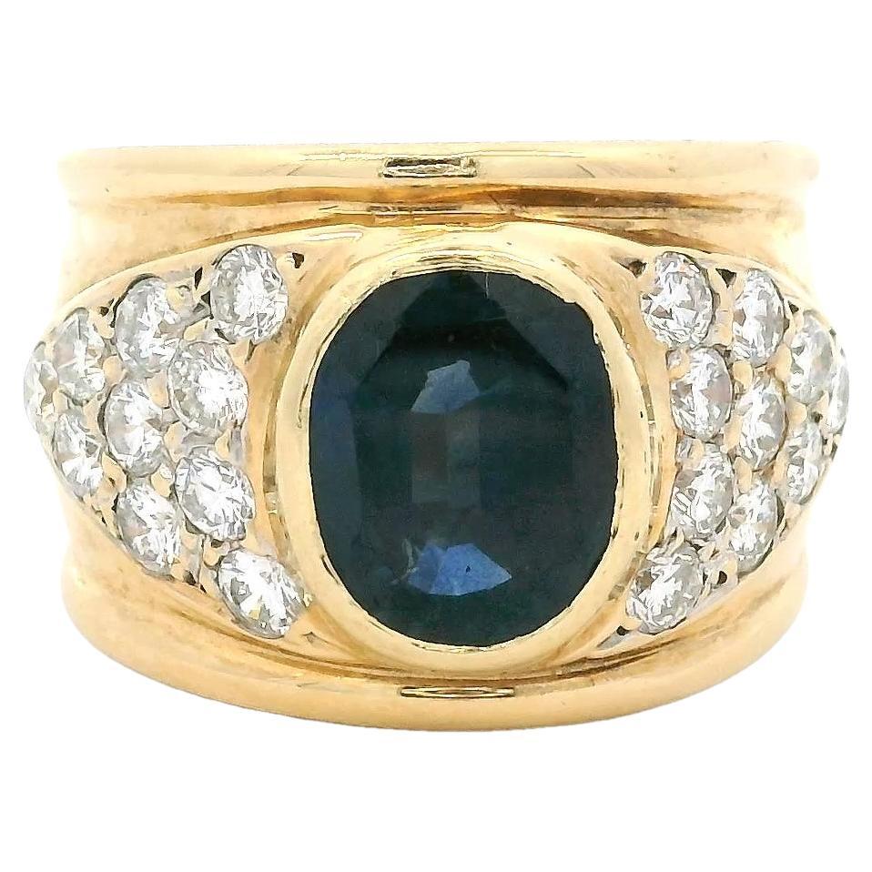 Anello a fascia larga con zaffiro e diamante degli anni '80 in oro giallo 18 carati