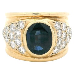 Anello a fascia larga con zaffiro e diamante degli anni '80 in oro giallo 18 carati