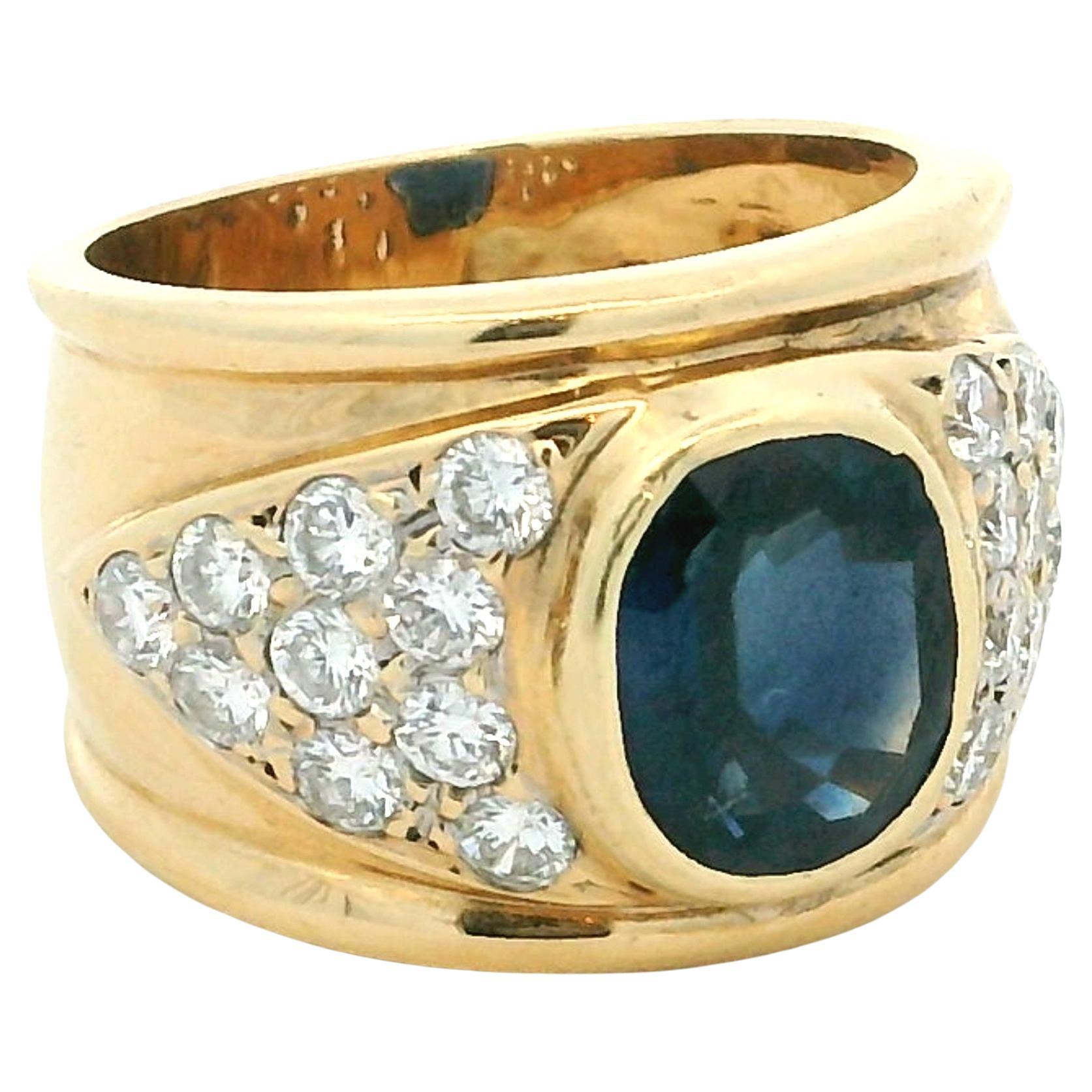 Anello a fascia larga con zaffiro e diamante degli anni '80 in oro giallo 18 carati