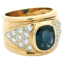 1980er breiter Saphir und Diamant Zigarrenring aus 18K Gelbgold