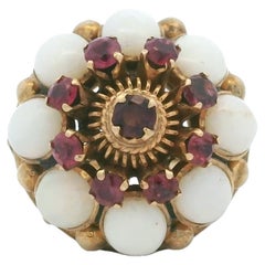 Vintage 18K Bombe Ring with Opals and Rubies, Circa 1950s
