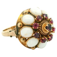 Vintage 18K Bombe Ring with Opals and Rubies, Circa 1950s