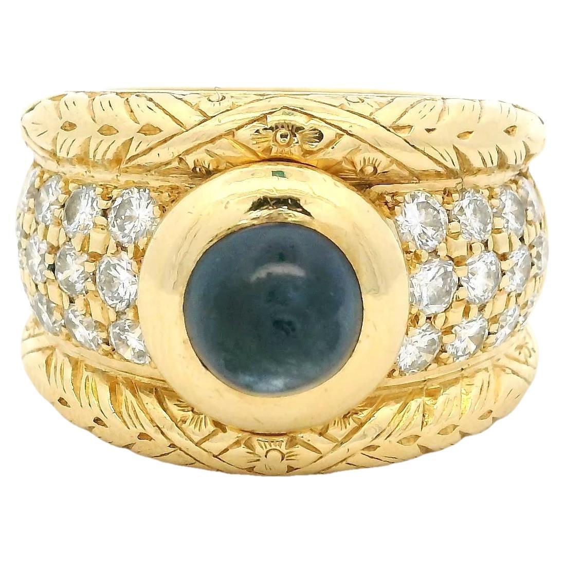 Italienischer 18K Gelbgold Cabochon Saphir & Diamant breiter Bandring