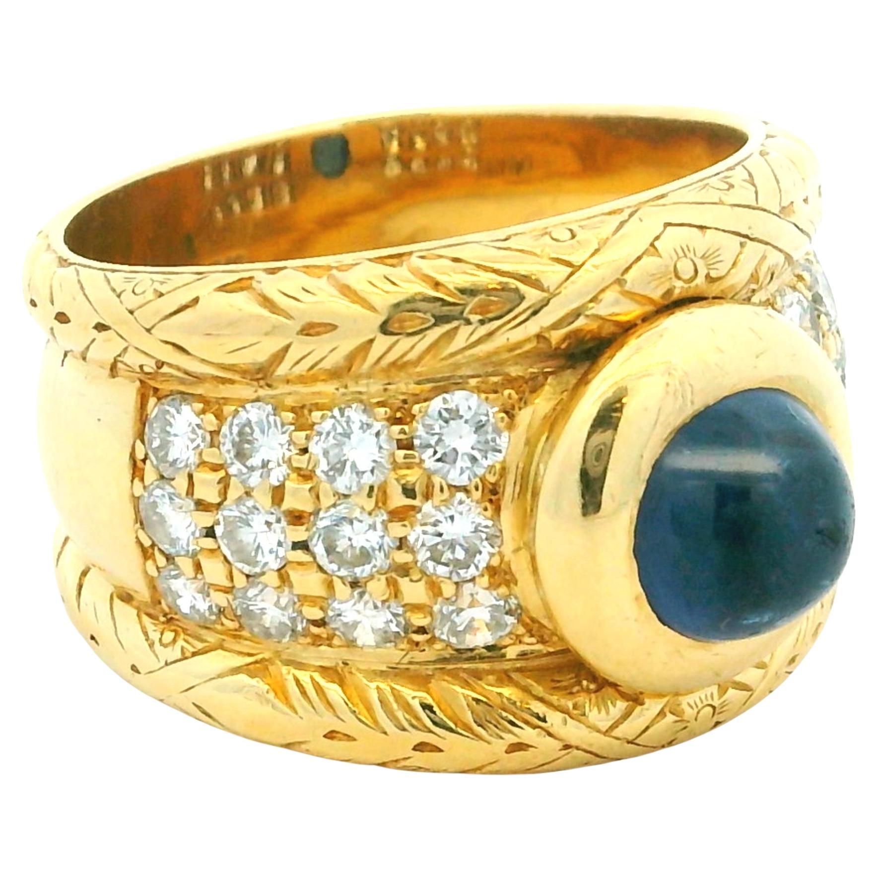 Italienischer 18K Gelbgold Cabochon Saphir & Diamant breiter Bandring