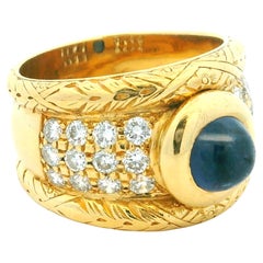Italienischer 18K Gelbgold Cabochon Saphir & Diamant breiter Bandring