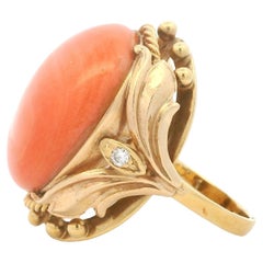 Vintage Victorian Revival 14K Yellow Gold Round Coral & Diamond Ring, Size 8