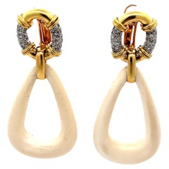 Boucles d'oreilles italiennes convertibles en or 18K avec diamants et os sculpté