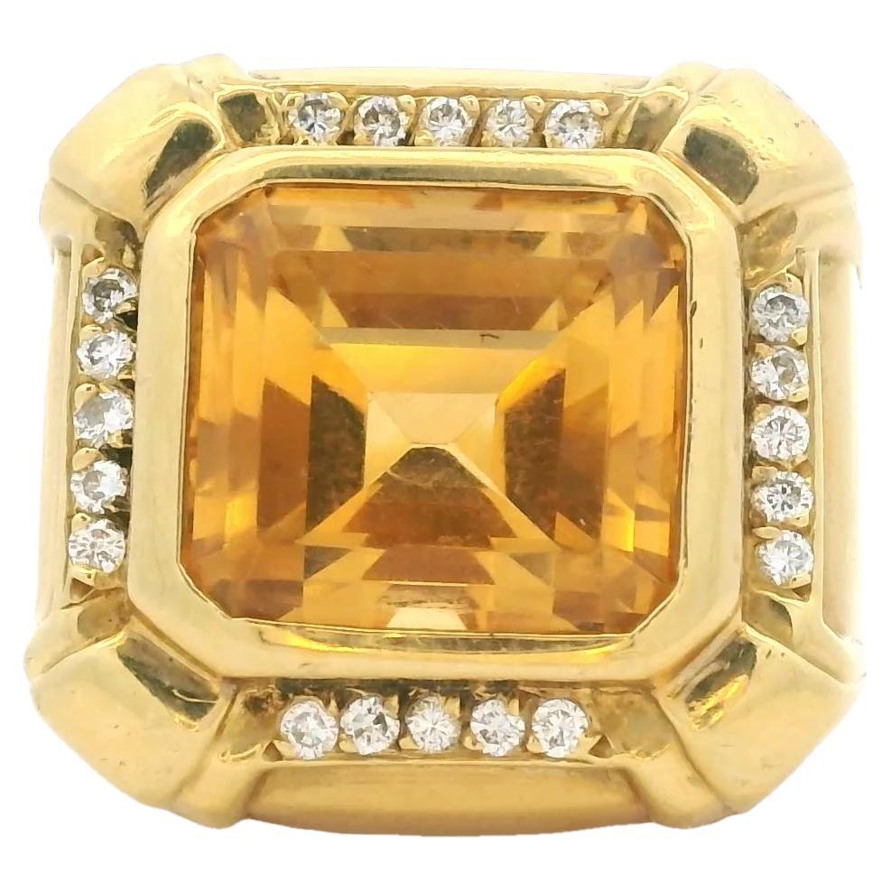 Bague cocktail italienne en or 18K 10Ct Citrine & Diamant, Taille 7.75