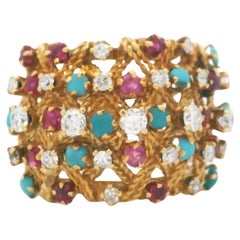 Vintage Italian 18K Gold Kuppel Ring mit persischen Türkis, Rubine und Diamanten