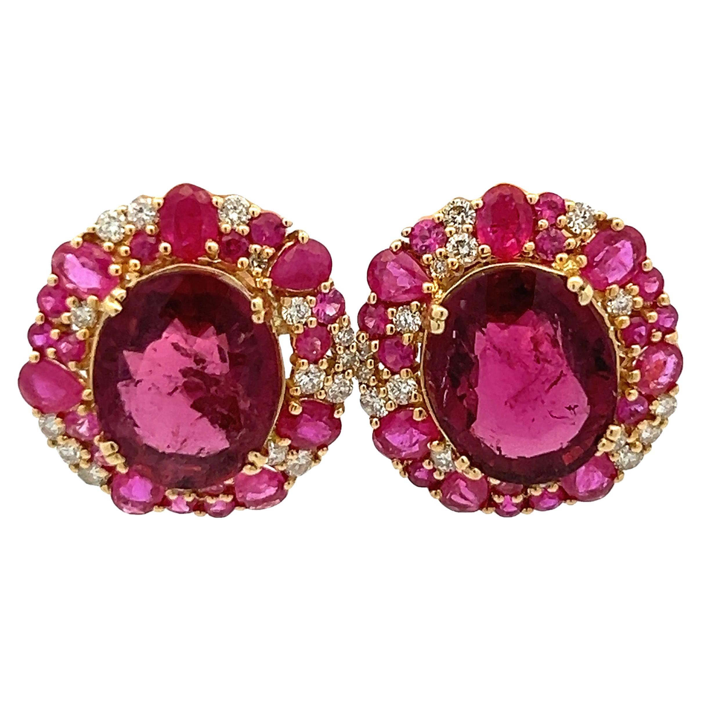 Boucles d'oreilles en or jaune 18K avec tourmaline rose, rubis, saphir et diamant