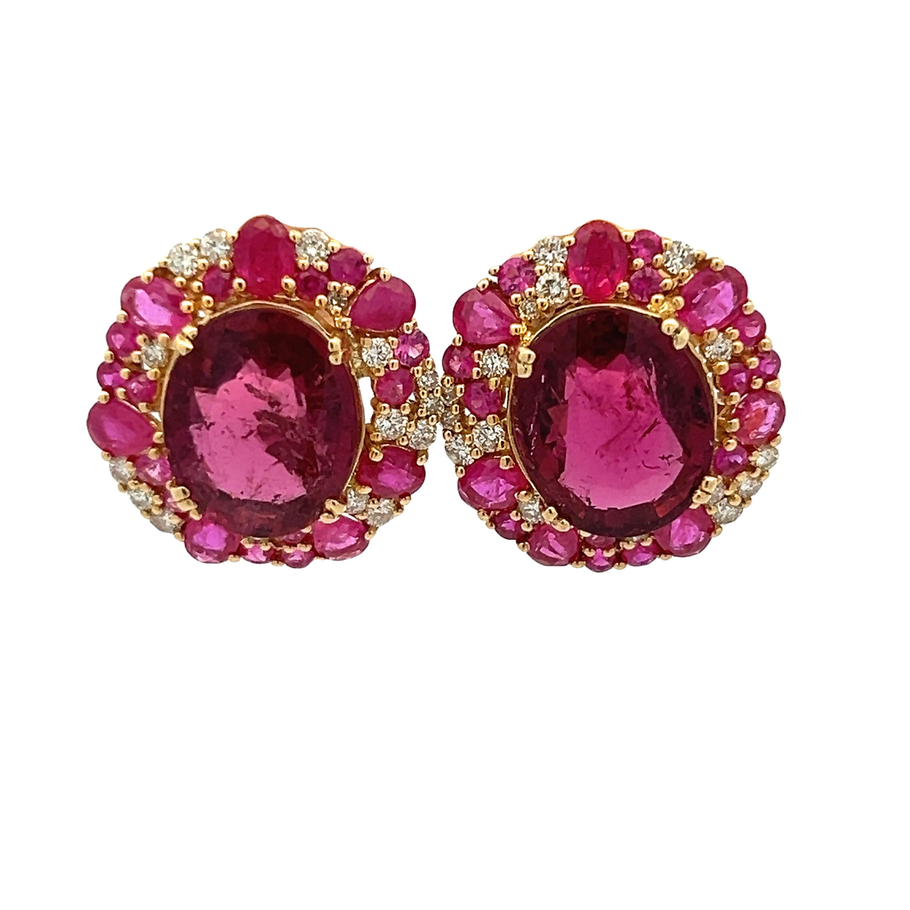 Boucles d'oreilles en or jaune 18K avec tourmaline rose, rubis, saphir et diamant en vente 3