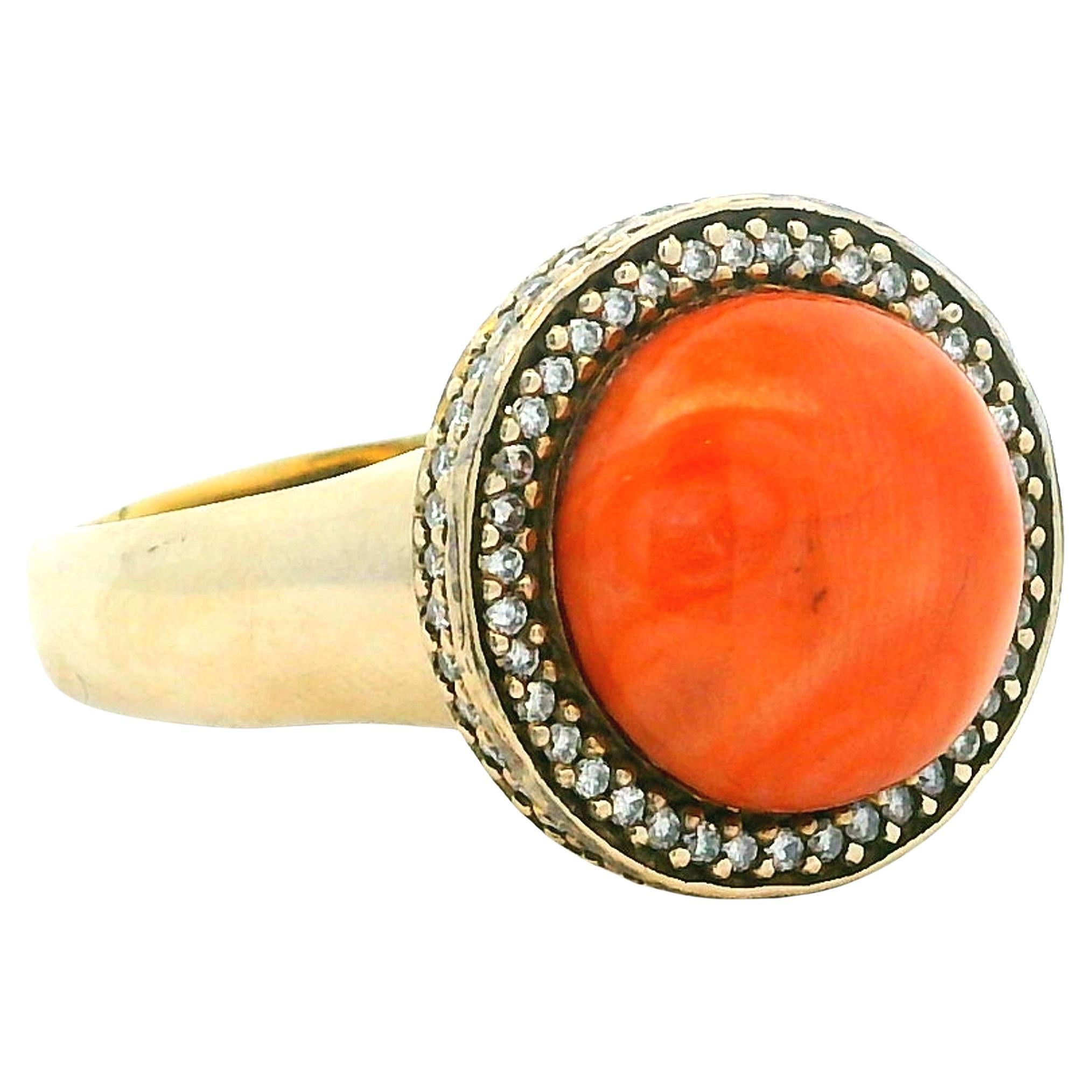 Bague italienne vintage en or 18 carats, corail 5 carats et diamant 1 carat
