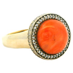 Anello italiano vintage in corallo da 5 carati e diamante da 1 carato in oro 18 carati