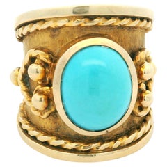 Italian 18K Etruscan Revival ring with Persian Turquoise Cabochon, Circa 1970
