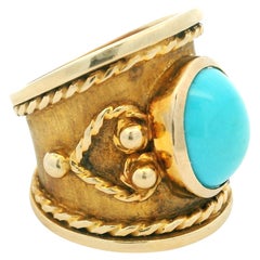 Italian 18K Etruscan Revival ring with Persian Turquoise Cabochon, Circa 1970