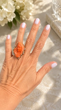 Italian Carved Coral and Diamond Ring in 14K Gold, circa 1970s