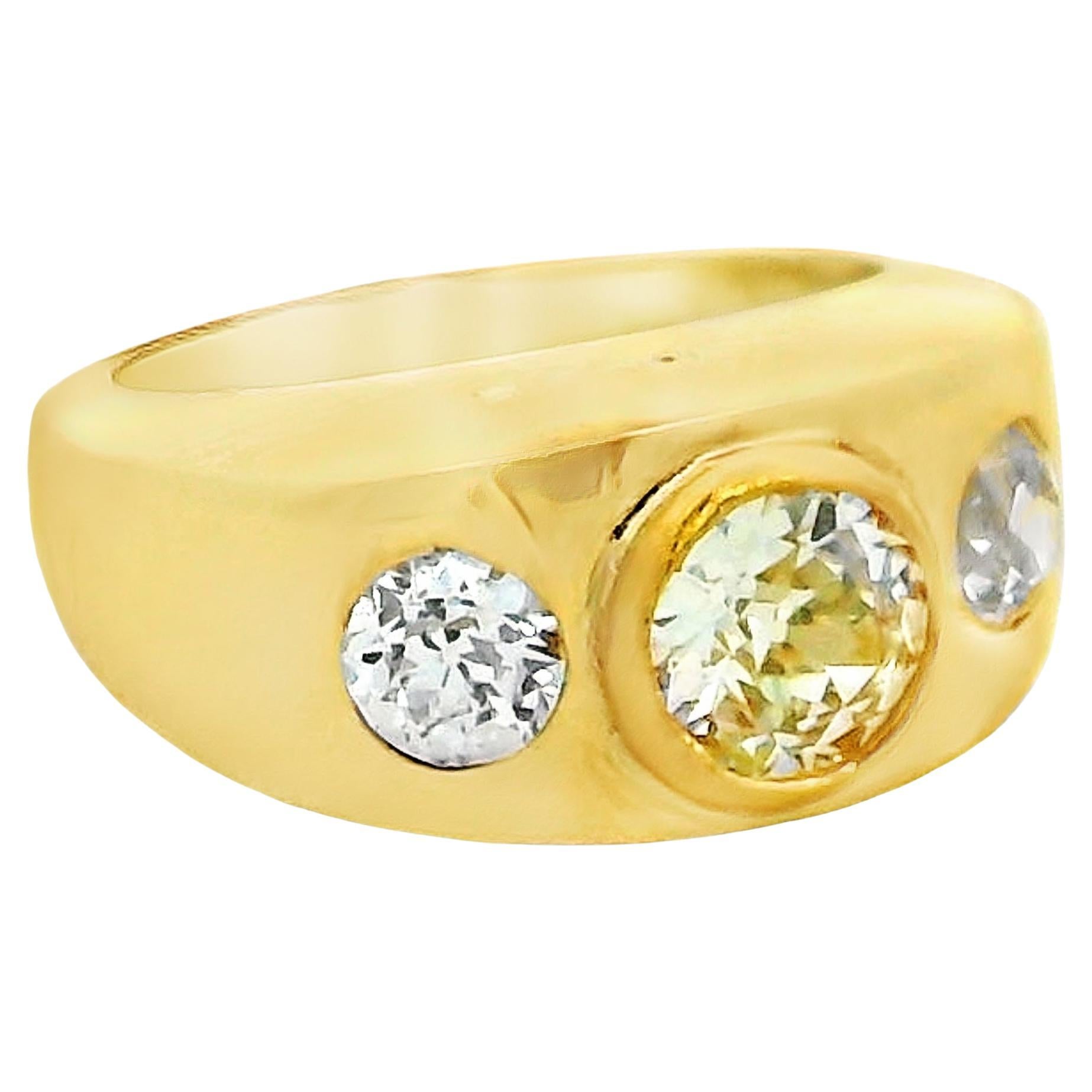 1970s 18K Gold Three Diamond Gypsy Ring, 1.75 Carats For Sale
