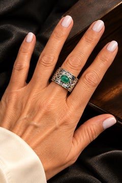 Vintage Samuel Aaron 14K White Gold Cabochon Emerald Wide Band Ring