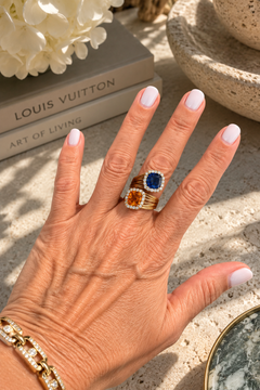 Vintage Italian 18K Gold Blue and Orange Sapphire Diamond Bypass Ring