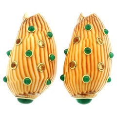 Trianon 3.90 Carat Emerald Citrine Conus Shell 18K Gold Ear Clips, 1980s