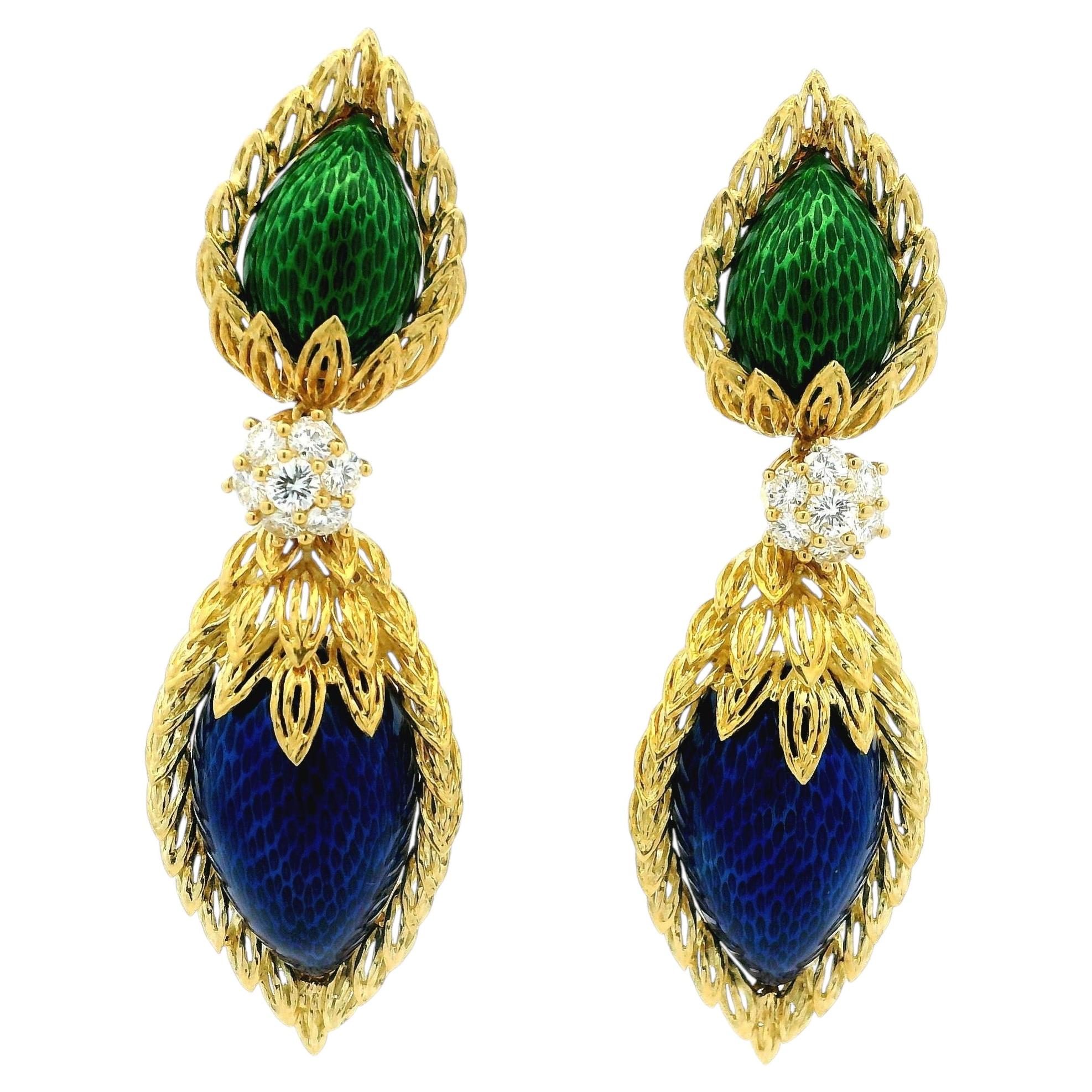 1970s Spritzer & Fuhrmann French Guilloché Enamel Diamond Drop Earrings