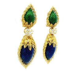 1970s Spritzer & Fuhrmann French Guilloché Enamel Diamond Drop Earrings