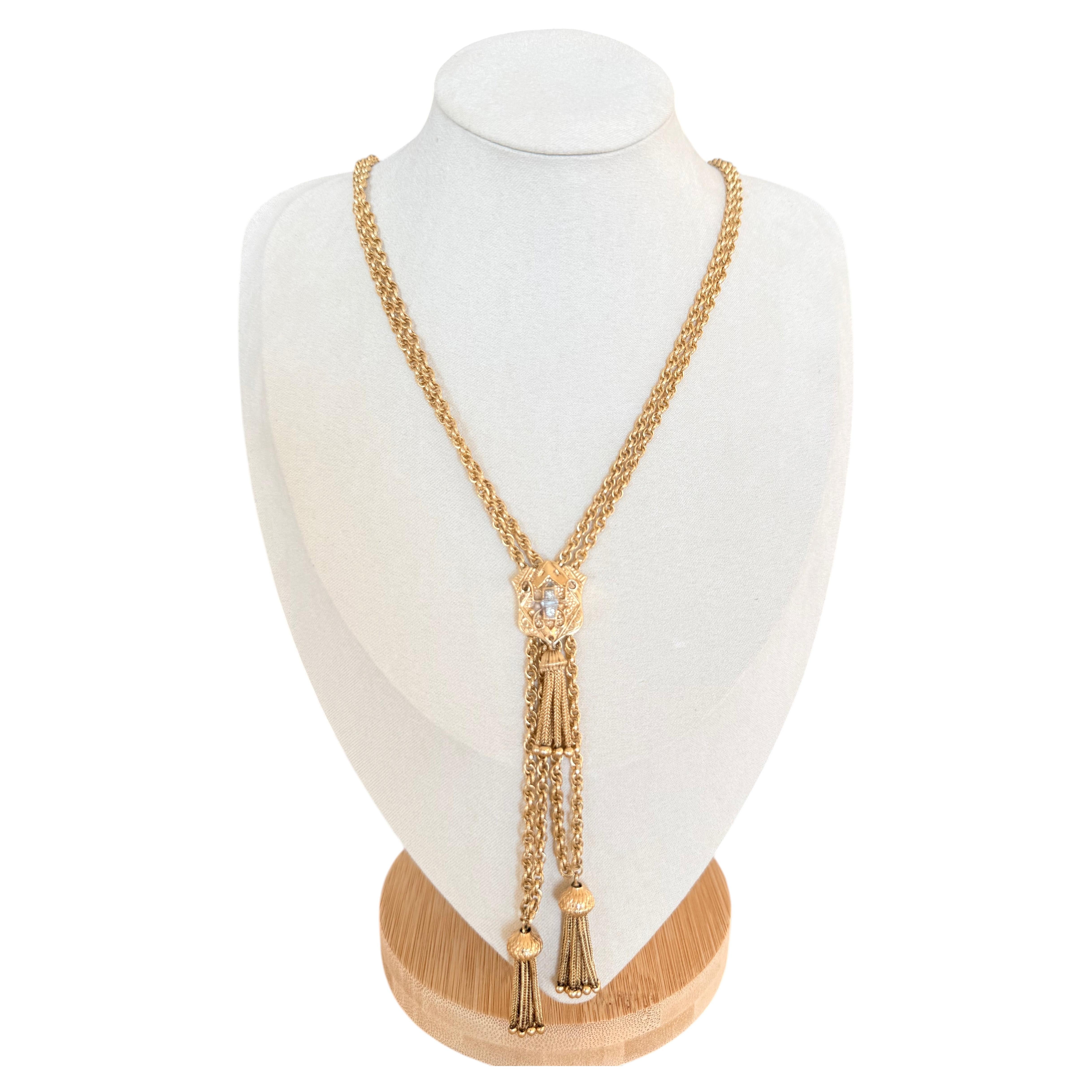 Collar antiguo eduardiano de oro de 14 quilates con diamantes y doble borla, de alrededor de 1910