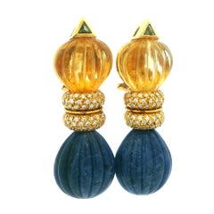 1980s Italian Carved Lapis Lazuli Topaz Diamond Gold Drop Earrings
