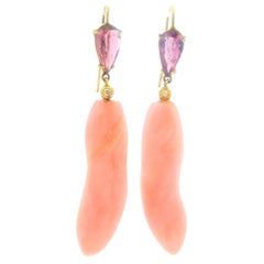 Talia Jade Pink Tourmaline Diamond and Carved Pink Coral Gold Earrings