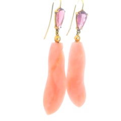 Talia Jade Pink Tourmaline Diamond and Carved Pink Coral Gold Earrings