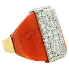 1970s 18K Gold Coral and 1.50 Carat Diamond Architectural Cocktail Ring