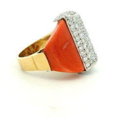 1970s 18K Gold Coral and 1.50 Carat Diamond Architectural Cocktail Ring