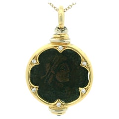 Vintage 18K Gold Ancient Coin Diamond and Sapphire Pendant, circa 1980